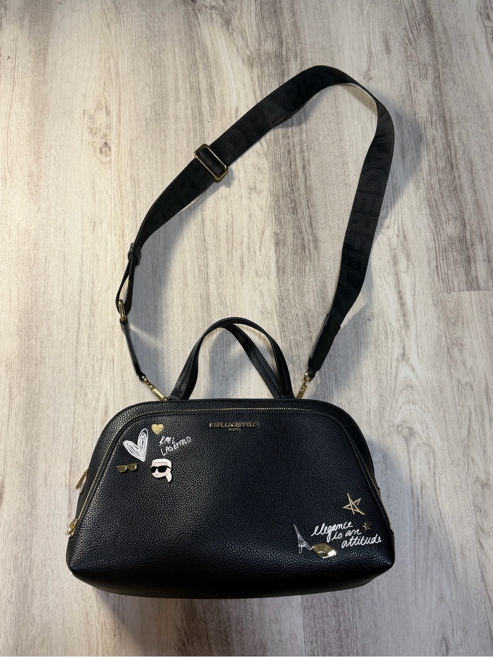 Karl Lagerfeld Black Pebbled Leather Top-Handle Crossbody with Graphic Accents
